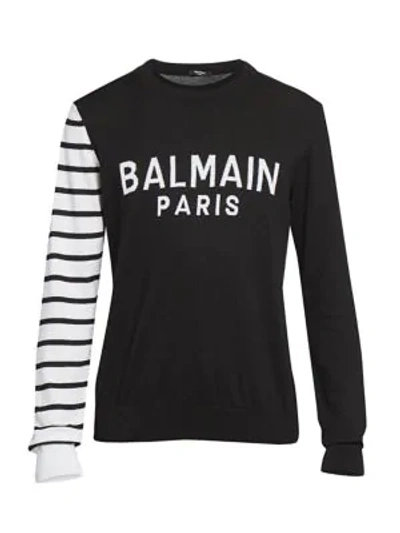 Shop Balmain Men's Logo Stripe-sleeve Sweater In Black White