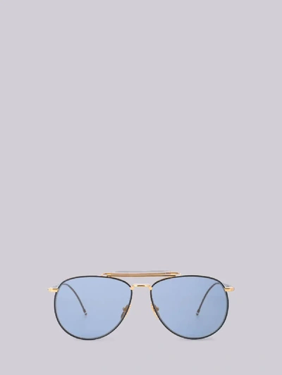 Shop Thom Browne Tb015 - Navy And Gold Aviator Sunglasses In Blue