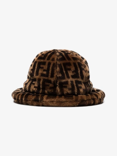 Shop Fendi Brown Shearling Logo Bucket Hat