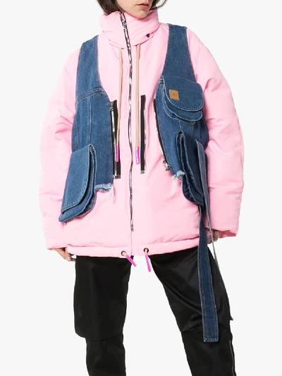 Shop Natasha Zinko Denim Overlay Puffer Coat In Pink