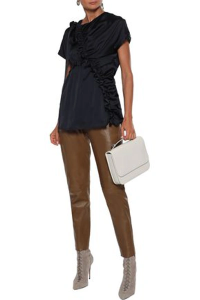 Shop Adeam Bow-detailed Ruched Satin Blouse In Midnight Blue