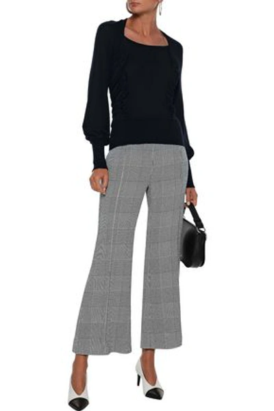 Shop Adeam Woman Open-back Ruffle-trimmed Knitted Sweater Midnight Blue