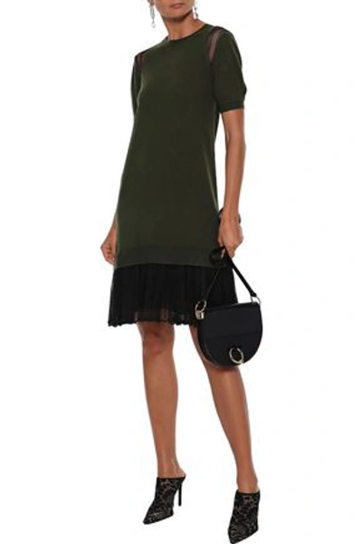 Shop Adeam Woman Pleated Two-tone Corded Lace-paneled Stretch-knit Dress Dark Green