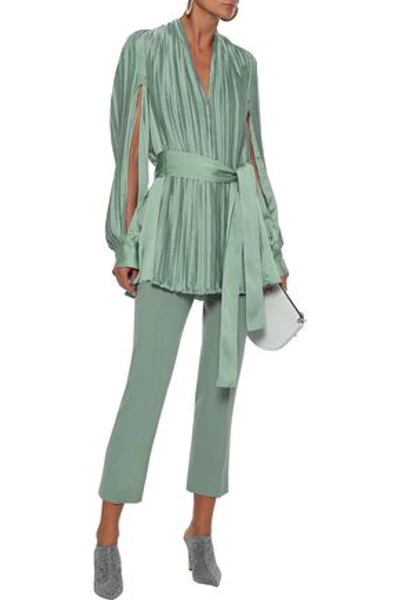 Shop Adeam Woman Open-back Belted Pleated Satin Top Light Green