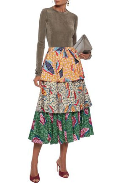 Shop Stella Jean Knotted Tiered Printed Cotton-blend Midi Skirt In Multicolor