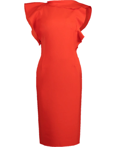 Shop Oscar De La Renta Ruffle Wool Midi Dress In Poppy