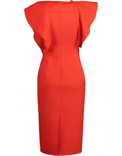 Shop Oscar De La Renta Ruffle Wool Midi Dress In Poppy