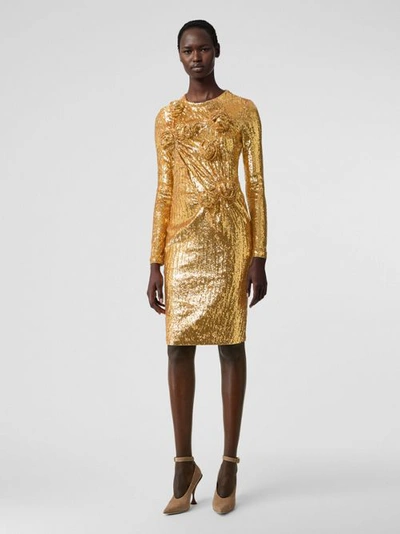 Shop Burberry Hand-gathered Detail Sequinned Dress In Honey