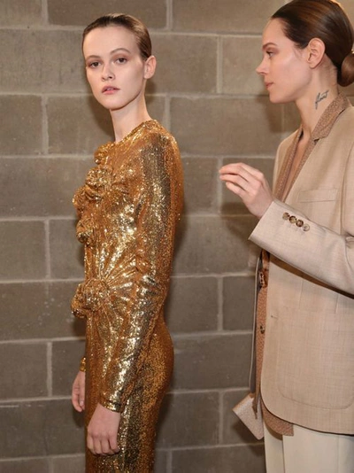 Shop Burberry Hand-gathered Detail Sequinned Dress In Honey