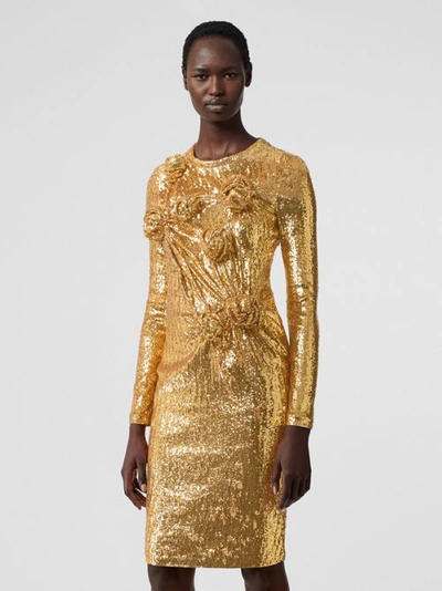 Shop Burberry Hand-gathered Detail Sequinned Dress In Honey