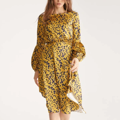 Shop Paisie Leaf Print Dress With Balloon Cuffs In Yellow & Navy Leaf Print