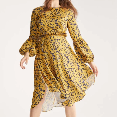 Shop Paisie Leaf Print Dress With Balloon Cuffs In Yellow & Navy Leaf Print