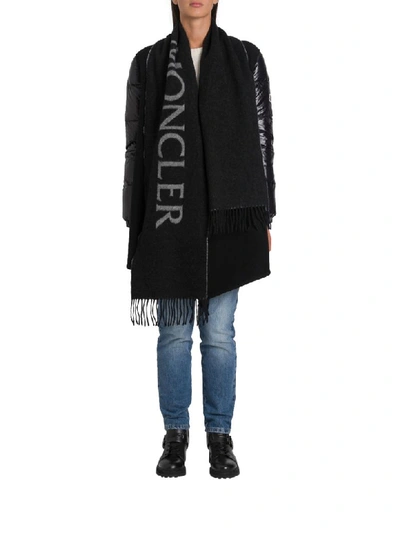 Shop Moncler Cape With Duvet Sleeves And Fringe In Nero