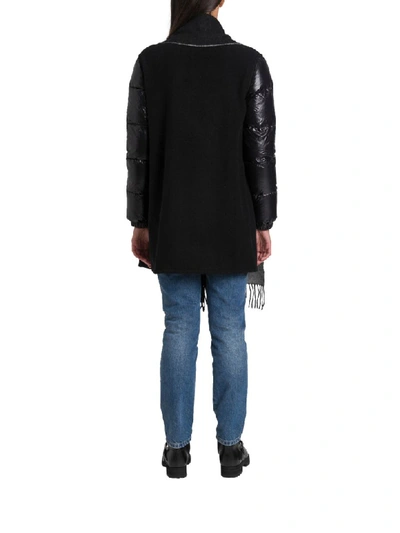 Shop Moncler Cape With Duvet Sleeves And Fringe In Nero