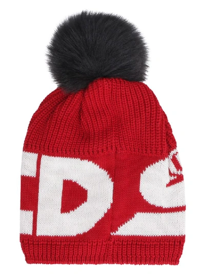 Shop Gcds Knitted Wool Beanie With Pom Pon In Red