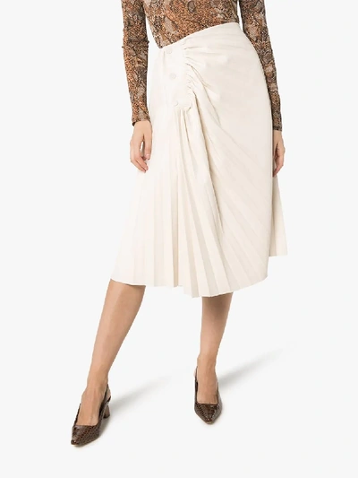 Shop Low Classic Pleated Faux Leather Midi Skirt In White