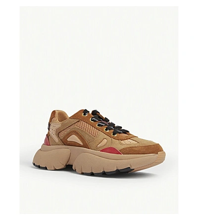 Shop Maje Faster Leather And Suede Trainers In Tan