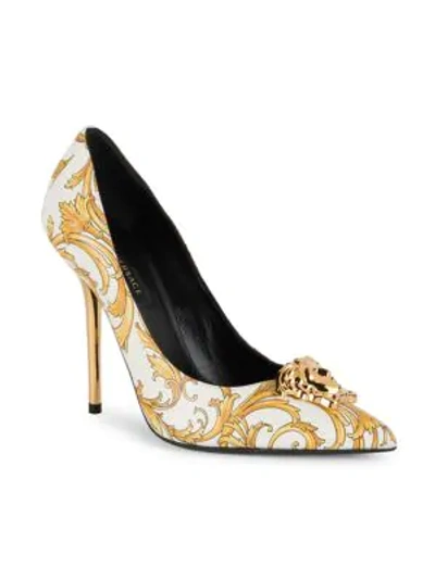 Shop Versace Western Medusa Baroque Leather Pumps In White