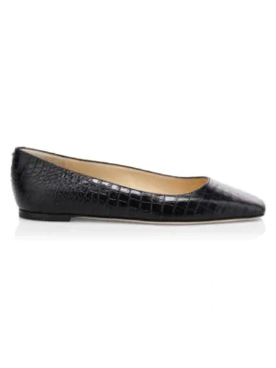 Shop Jimmy Choo Mirellle Croc-embossed Leather Flats In Navy
