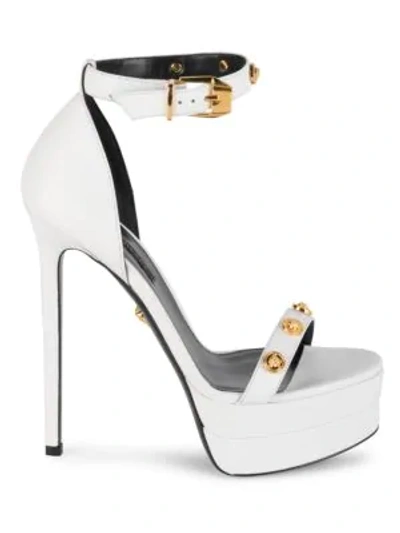 Shop Versace Women's Embellished Leather Double Platform Sandals In White Gold