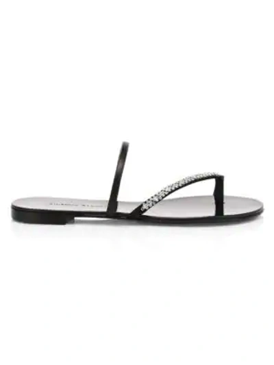 Shop Giuseppe Zanotti Miria Flat Swarovski Crystal Leather Toe-loop Sandals In Nero