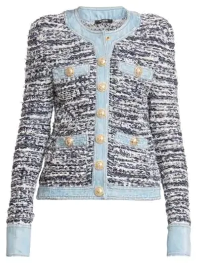 Shop Balmain Women's Tweed & Denim Jacket In Blue