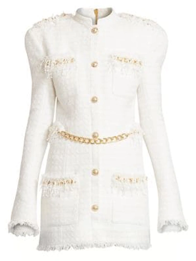 Shop Balmain Women's Chain-trimmed Tweed Dress In White