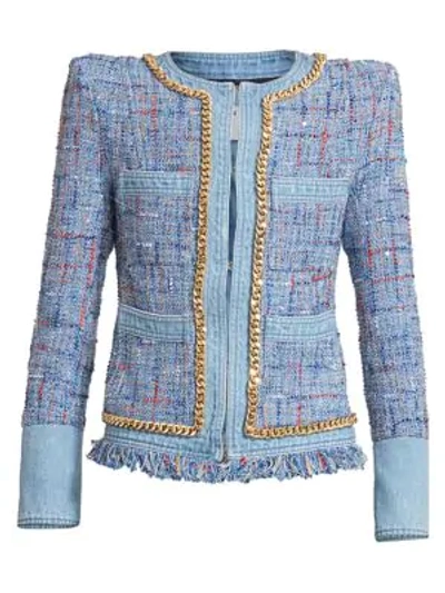 Shop Balmain Women's 4-pocket Denim & Tweed Jacket In Blue