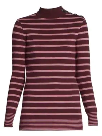 Shop Stella Mccartney Stripe Mockneck Virgin Wool Sweater In Burgundy Pink