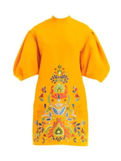 Shop Carolina Herrera Dramatic Puff Sleeve Embellished Shift Dress In Marigold Multi