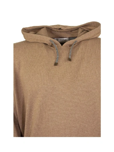 Shop Brunello Cucinelli Camel Cashmere Hooded Sweatshirt