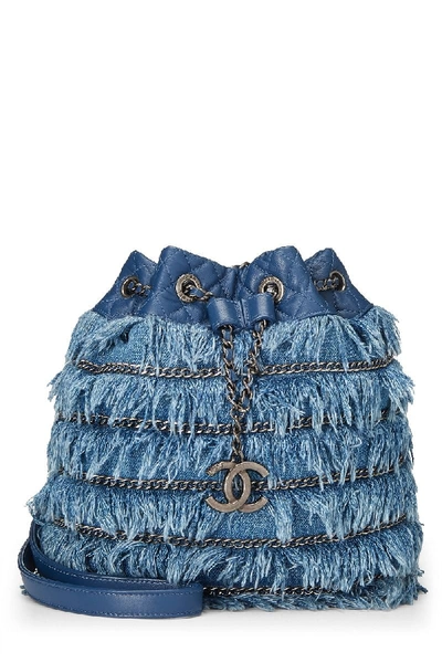 Shop Chanel Blue Fringed Denim Charm Bucket Bag