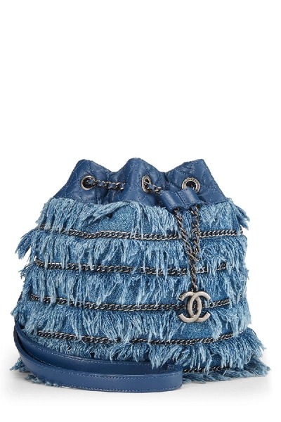 Shop Chanel Blue Fringed Denim Charm Bucket Bag