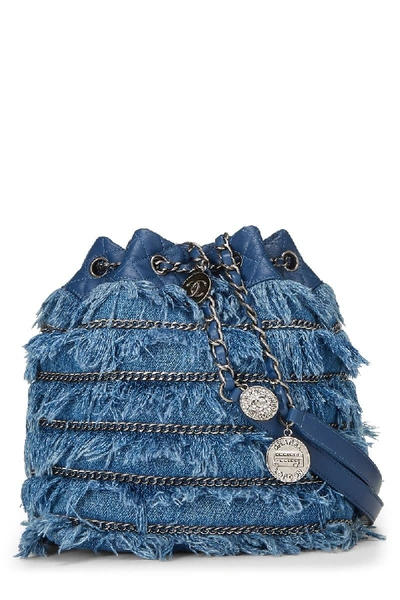 Shop Chanel Blue Fringed Denim Charm Bucket Bag