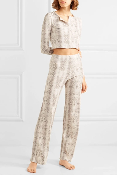 Shop Leset Sophia Cropped Snake-print Ribbed Stretch-modal Cardigan In Gray