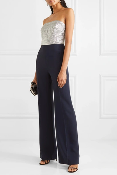 Shop Roland Mouret Gifford Strapless Silk-blend Lurex And Crepe Jumpsuit In Navy