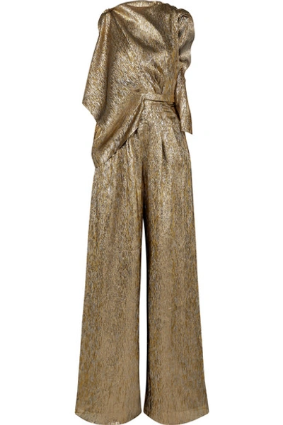 Shop Roland Mouret Draped Metallic Silk-blend Jumpsuit In Gold