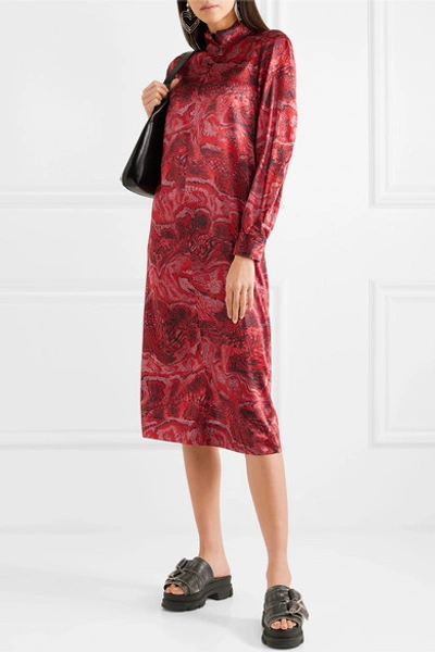 Shop Ganni Printed Stretch-silk Satin Midi Dress In Red