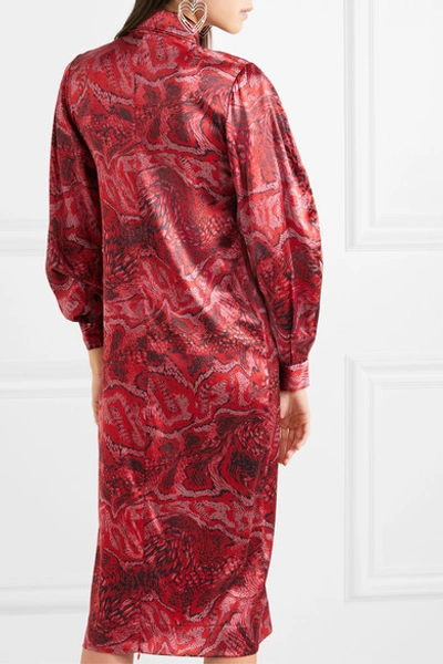 Shop Ganni Printed Stretch-silk Satin Midi Dress In Red