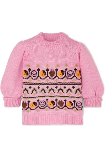 Shop Ganni Intarsia Wool And Alpaca-blend Sweater In Pink