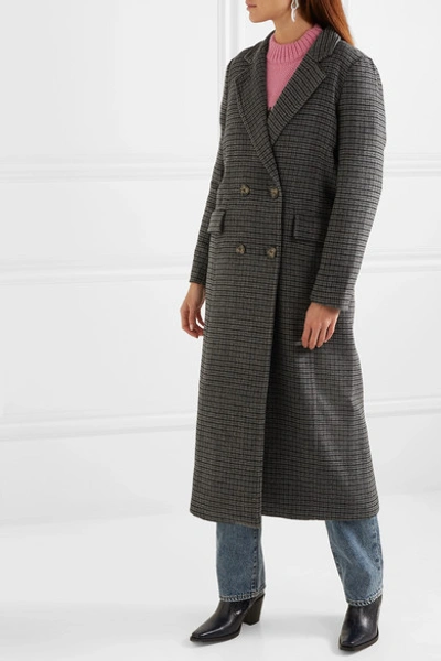 Shop Ganni Double-breasted Checked Wool-blend Coat In Gray