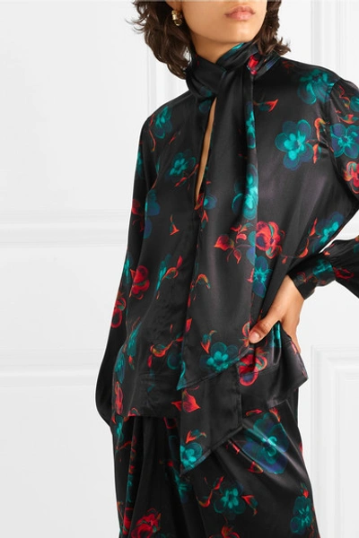 Shop Ganni Pussy-bow Floral-print Silk-blend Satin Blouse In Black