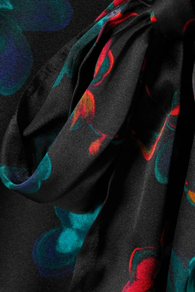 Shop Ganni Pussy-bow Floral-print Silk-blend Satin Blouse In Black