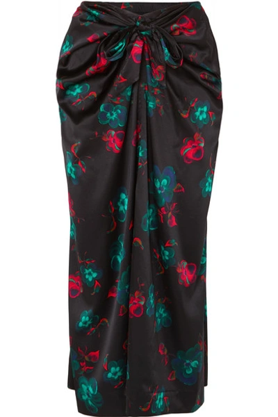 Shop Ganni Knotted Floral-print Silk-blend Satin Midi Skirt In Black