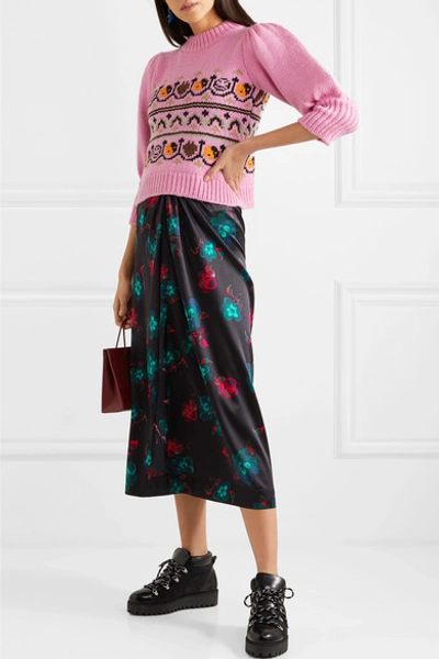 Shop Ganni Knotted Floral-print Silk-blend Satin Midi Skirt In Black