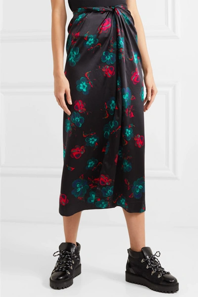 Shop Ganni Knotted Floral-print Silk-blend Satin Midi Skirt In Black