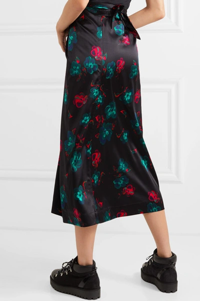 Shop Ganni Knotted Floral-print Silk-blend Satin Midi Skirt In Black