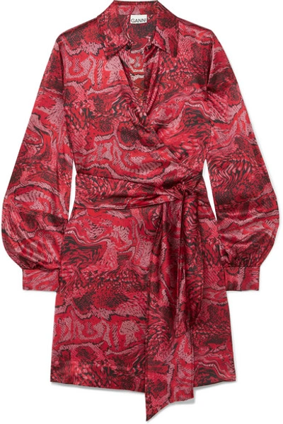 Shop Ganni Belted Printed Stretch-silk Satin Wrap Mini Dress In Red