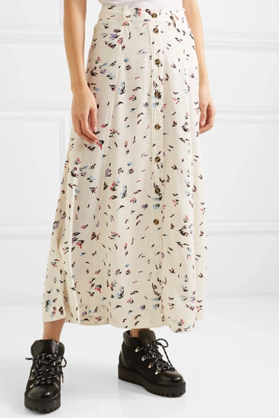 Shop Ganni Floral-print Crepe Maxi Skirt In White