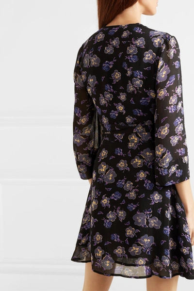 Shop Ganni Floral-print Georgette Mini Wrap Dress In Black